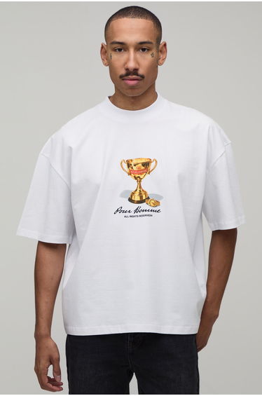 White Oversized Boxy Trophy Print T-Shirt - white