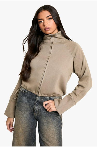 Funnel Neck Zip Through Oversized Boxy Jacket