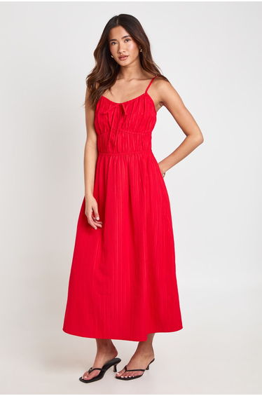 Textured Ruched Bust Midaxi Dress - red