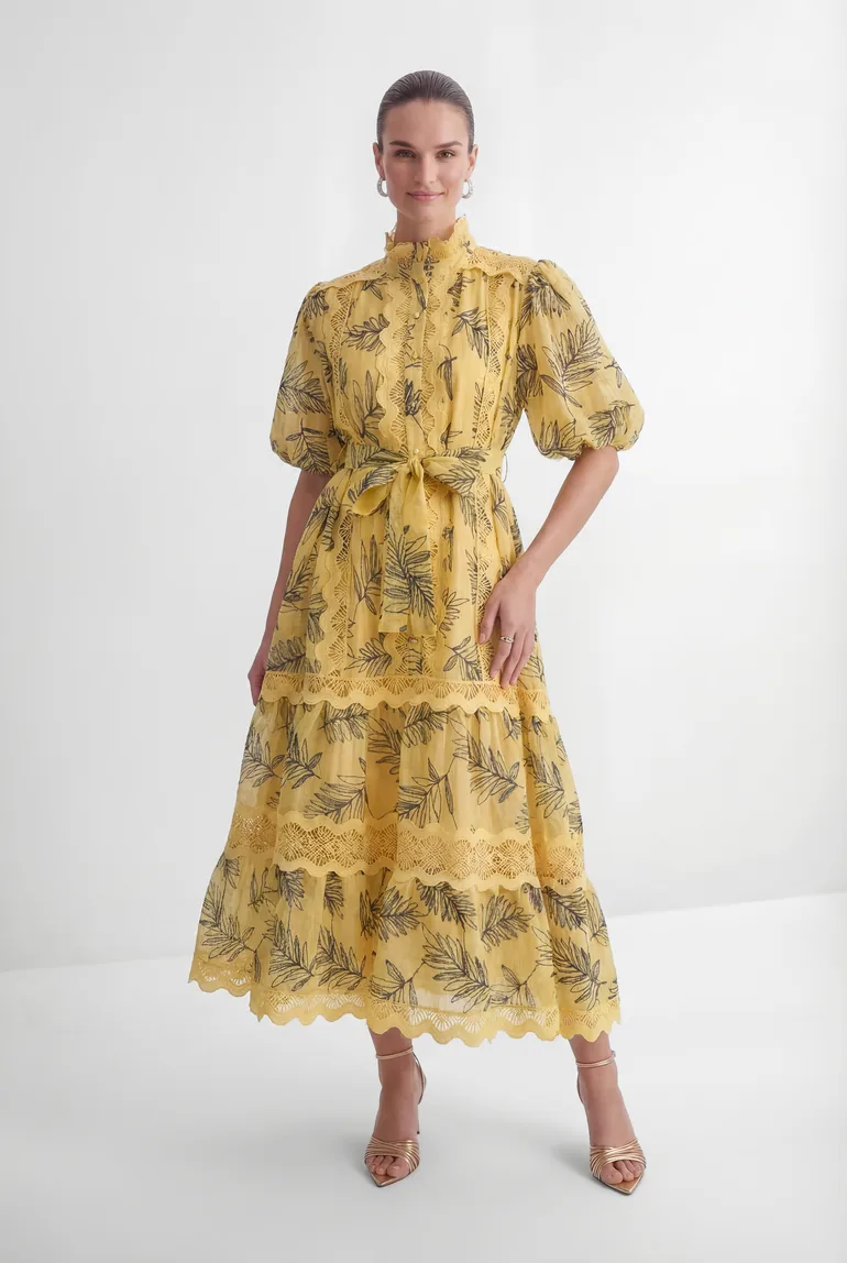 In The Palace Yellow Leaf Print Puff Sleeve Maxi Dress - 5
