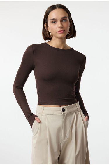 Brown Premium Viscose Crew Neck Crop Flexible Knitted top