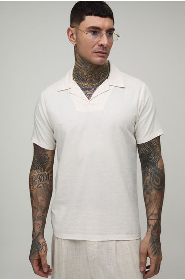Tall Linen Blend Slim Revere Polo - natural