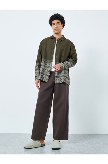 Men Olive Oversized Geo Print Cotton Shirt