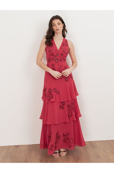 Maya Hot Pink Floral Embellished Tiered Maxi Dress with Tie Back