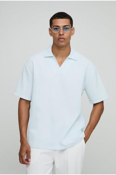 Oversized Overhead Pleated V-Neck Shirt - light blue