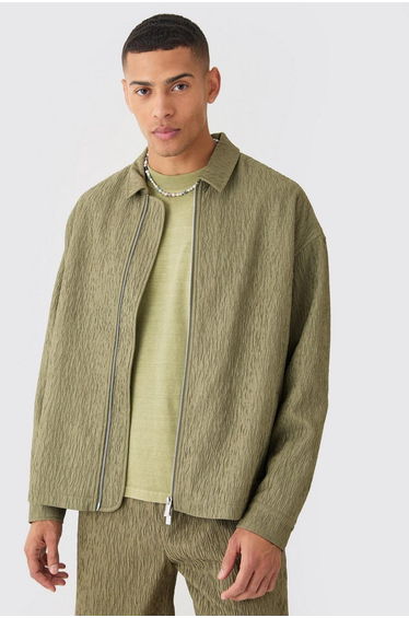 Textured Satin Oversized Fit Zip Up Harrington Jacket - khaki