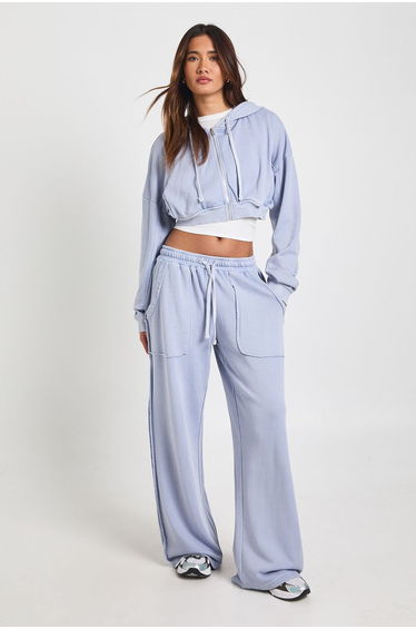 Washed Loopback Distressed Straight Leg Jogger - blue