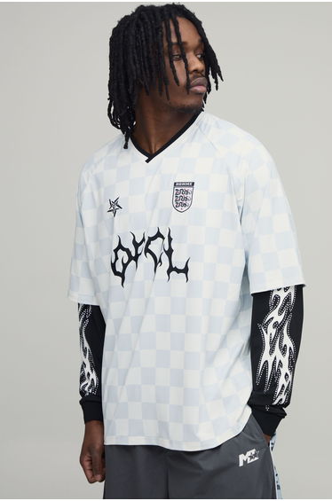 Tall Oversized Grunge Varsity Rhinestone Checkboard Mesh Faux T-Shirt - white