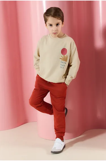 Beige Boy Printed Knitted Bottom-Top Set