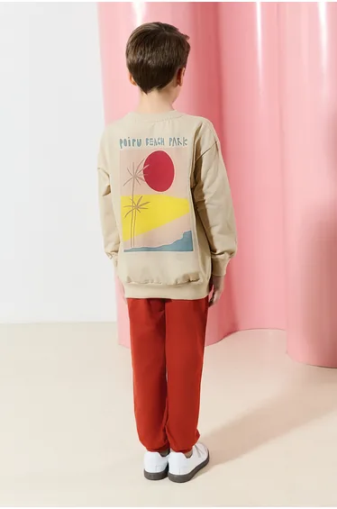 Beige Boy Printed Knitted Bottom-Top Set