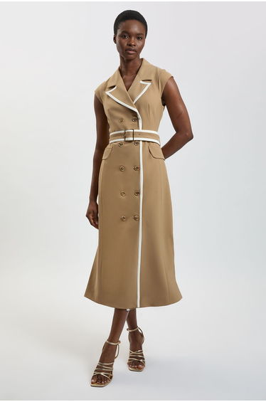 Double Breasted Belted Tipped Tailored Midi Dress