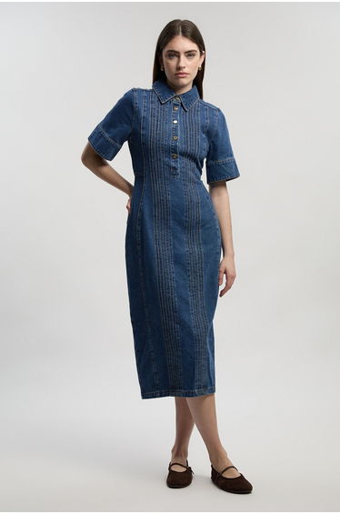 Denim Corset Stitch Detail Pencil Midi Dress
