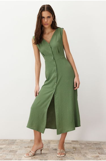 Khaki Buttoned Midi Woven Shirt Dress