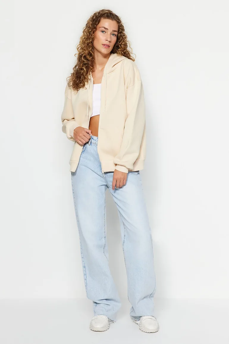 Stones Oversize/Comfortable fit Basic Hood with Zippered Fleece Inside Knitted Sweatshirt .