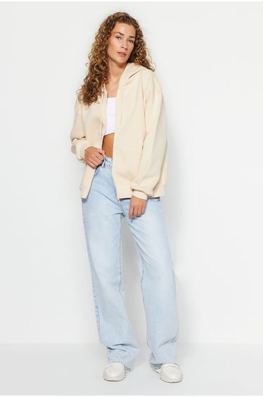 Stones Oversize/Comfortable fit Basic Hood with Zippered Fleece Inside Knitted Sweatshirt .