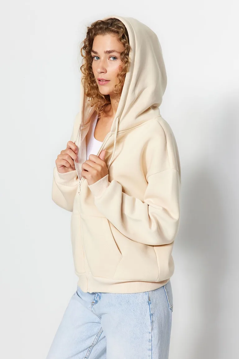 Stones Oversize/Comfortable fit Basic Hood with Zippered Fleece Inside Knitted Sweatshirt . - 4