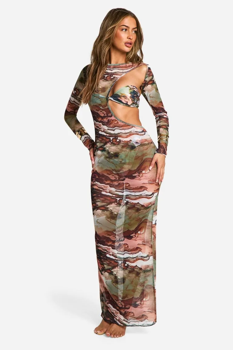 Marble Mesh Maxi Beach Dress - khaki