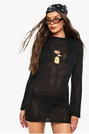 Sequin Knit Sheer Scoop Back Knitted Mini Dress - black