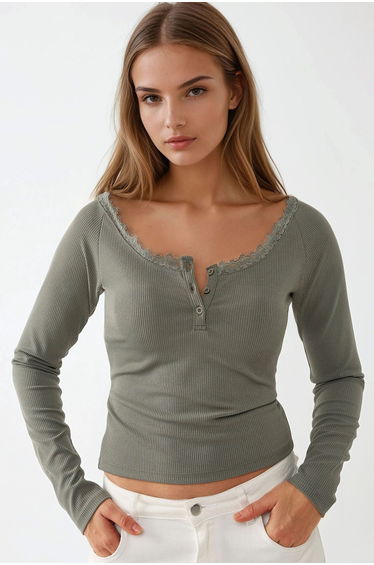 Slim Fit Lace Detail Long Sleeve Top