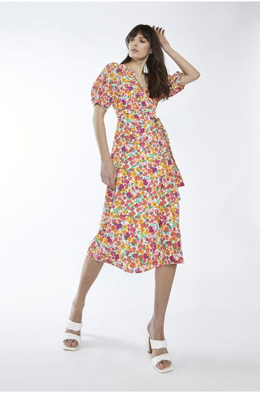 Bright-Floral Wrap Midi-Dress