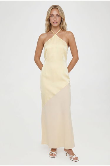 Satin Halterneck Chiffon Skirt Maxi Dress - lemon