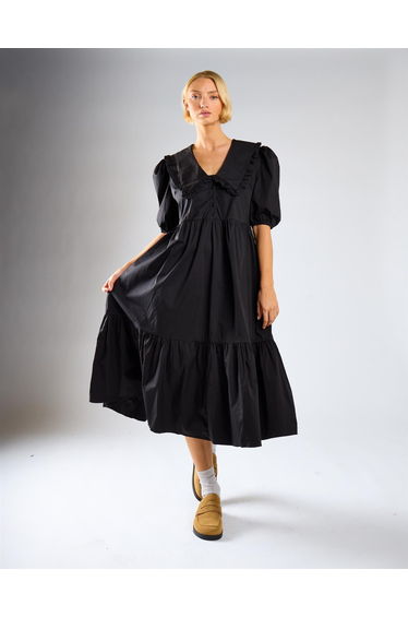 Black V-Neck Ruffle Collar Midi Dress