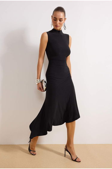 Black Hemline Ruffle Detail Knitted Stylish Dress