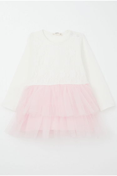 Baby Girl Long-Sleeve Dress with Tulle Flowers, Ecru