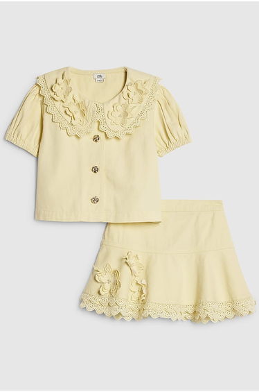 Girls Yellow Floral Pearl Shirt Set