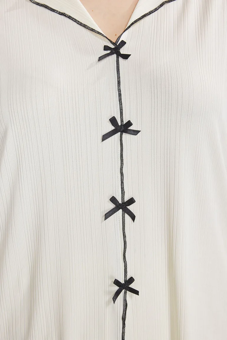 Ecru V Neck Ribbon/Bow Detailed Knitted Pajama Set - 3