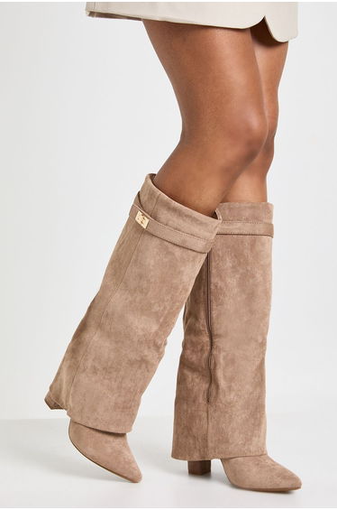 Faux Suede Knee High Fold Over Buckle Boots - beige