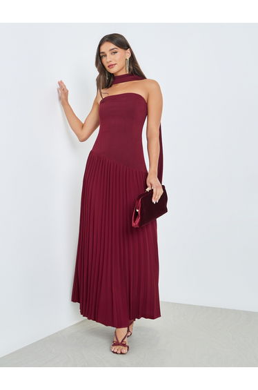 Maroon Pleated Bandeau Maxi Evening Dress