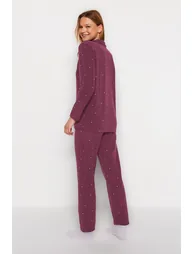 Dusty Rose Polka Dot Animal Printed Polar Fleece Winter Knitted Pajama Set - 4