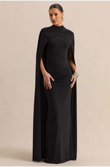 Dianelle | Black High-Neck Maxi Dress With Cape-Sleeves