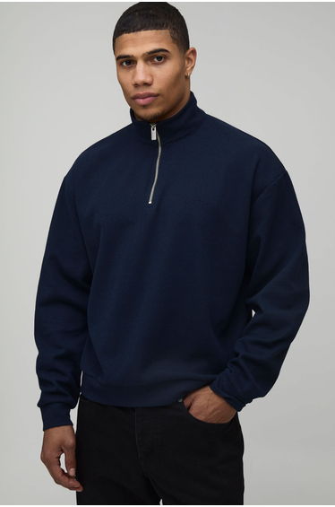 Oversized Boxy Waffle Quarter Zip Sweatshirt - navy