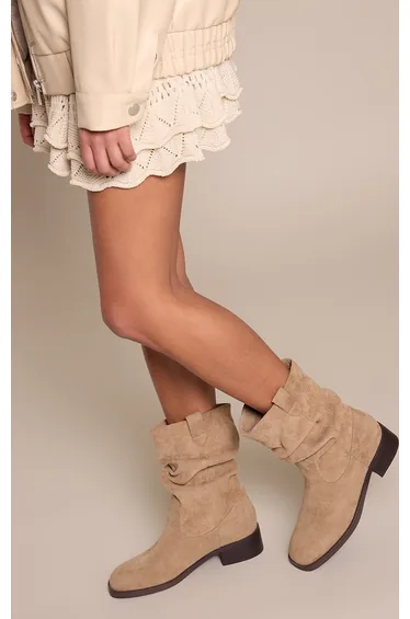 Stone Faux Suede Low Heeled Ruched Ankle Boot