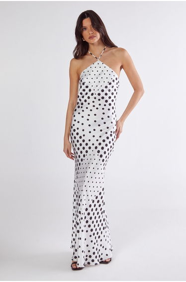 Satin Polka Dot Halter Neck Cowl Back Maxi Dress