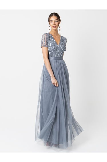 Maya Dusty Blue Stripe Embellished Maxi Dress With Sash Belt