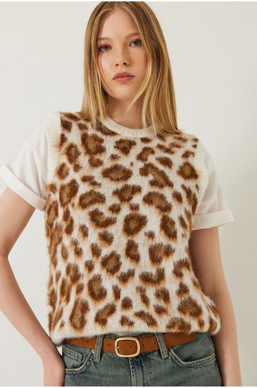 LUCCI Leopard Print Ribbed Knitwear Sweater Vest