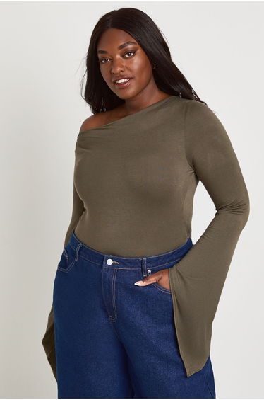 Plus Flared Angel Sleeve Off The Shoulder Draped Top - khaki