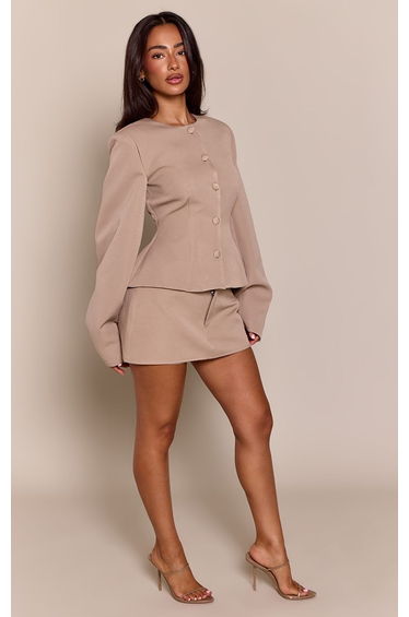 Petite Stone Woven Cinched Waist Cocoon Sleeve Button Up Blazer
