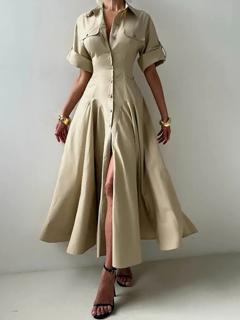 Short Sleeves Buttoned Solid Color Lapel Maxi Dresses Shirt Dress Uoozee :  Day Dresses : VogaCloset Oman