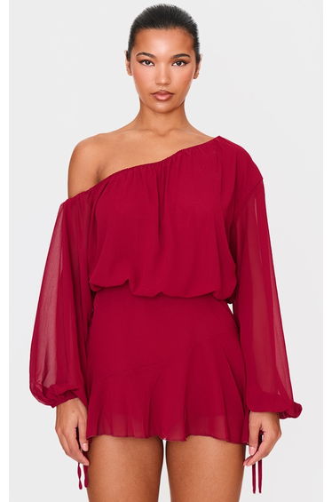 Burgundy Chiffon One Shoulder Floaty Detail Skort Playsuit
