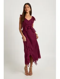 Ruffle Angel Sleeve Midaxi Dress - burgundy