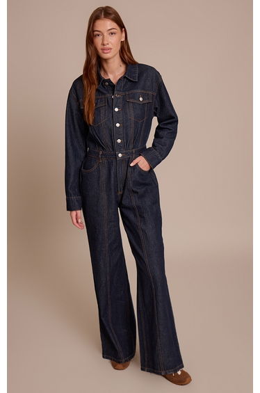 Indigo Contrast Stitch Long Sleeve Denim Jumpsuit