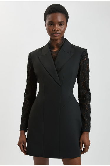 Compact Stretch Lace Sleeve Blazer Mini Dress
