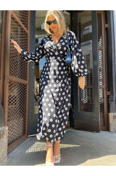 Mono-Daisy Long Sleeve Wrap Midi-dress