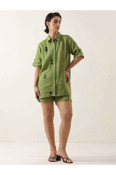 Green Longline Cotton Shirt and Shorts Co-ords Set