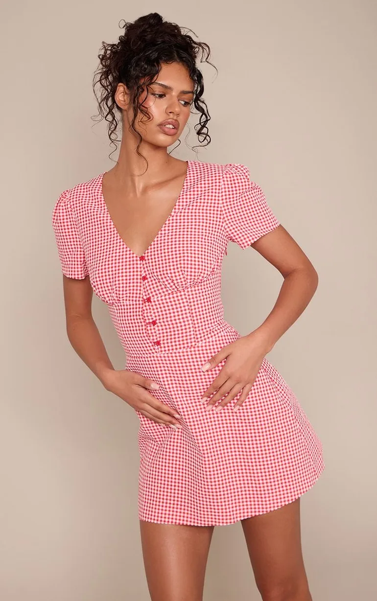 Red Check Button Down Short Sleeve Shift Dress - 1