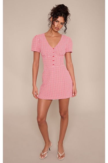 Red Check Button Down Short Sleeve Shift Dress